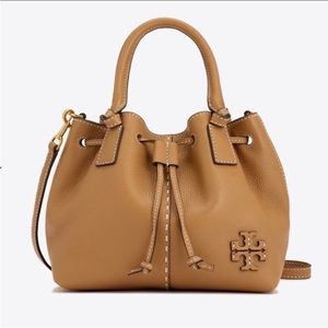 Tory Burch McGraw Tan Drawstring Leather Handbag with crossbody